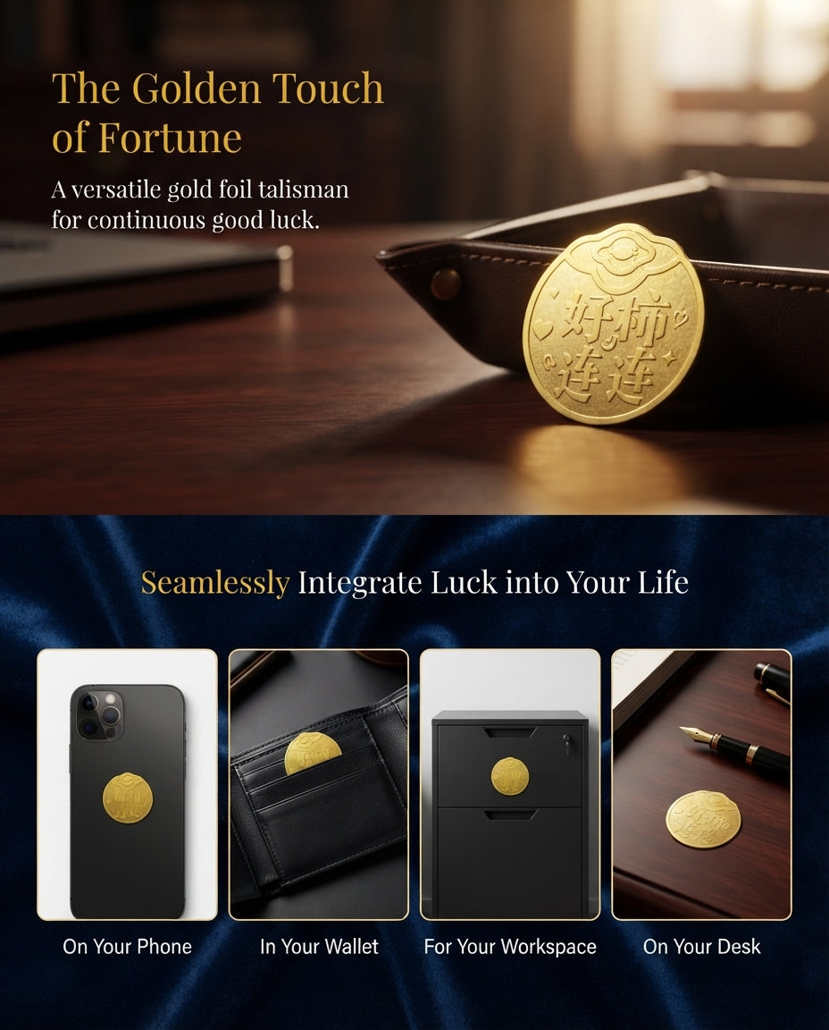 Taoist Golden Foil Wealth Blessing Charm 3×2.7cm | Chinese Good Fortune Talisman for Phone, Wallet & Workspace