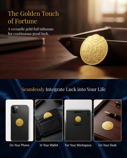 Taoist Golden Foil Wealth Blessing Charm 3×2.7cm | Chinese Good Fortune Talisman for Phone, Wallet & Workspace