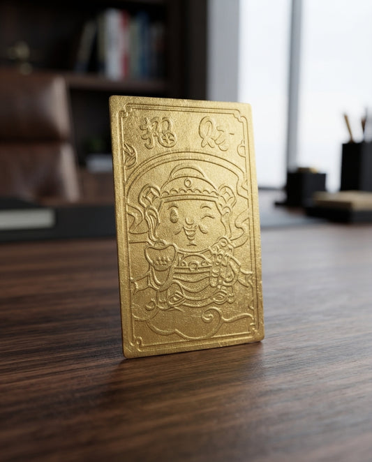 Taoist Golden Foil Fortune God Wealth Charm 2.8×4cm | Chinese Prosperity Talisman for Phone, Wallet & Office