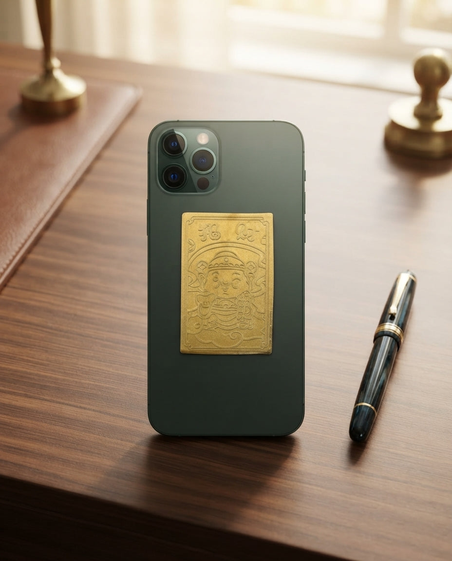 Taoist Golden Foil Fortune God Wealth Charm 2.8×4cm | Chinese Prosperity Talisman for Phone, Wallet & Office