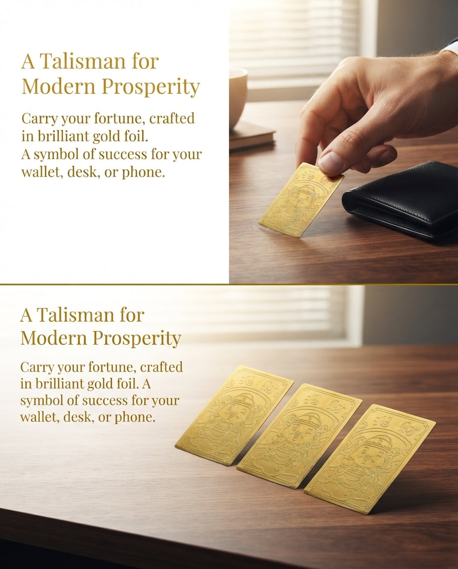 Taoist Golden Foil Fortune God Wealth Charm 2.8×4cm | Chinese Prosperity Talisman for Phone, Wallet & Office