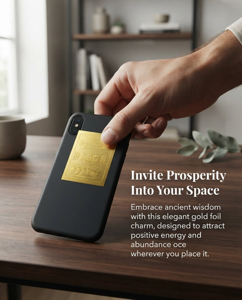 Taoist Golden Foil Wealth & Treasure Charm 3×3.6cm | Chinese Prosperity Talisman for Phone, Wallet & Office