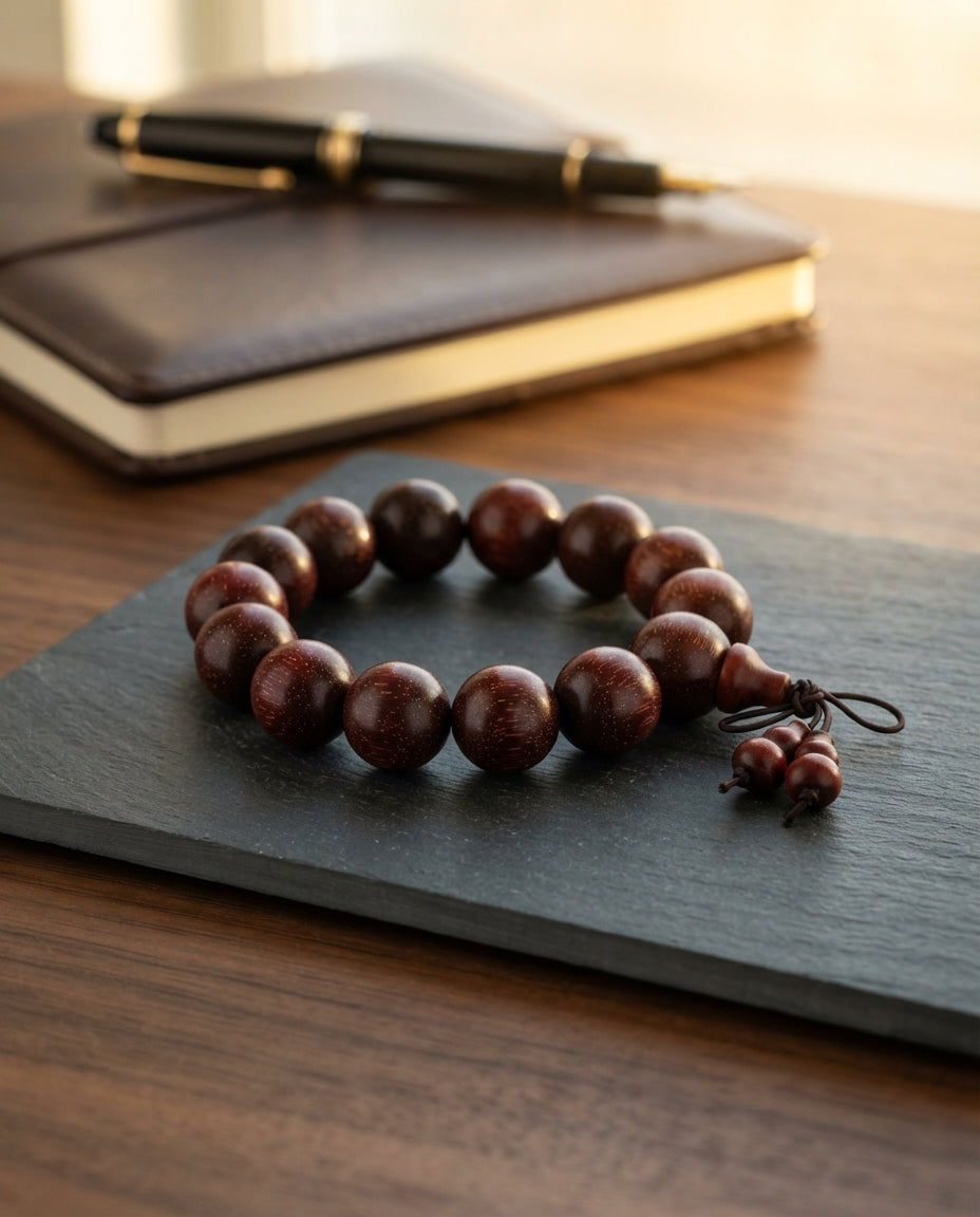 Red Sandalwood Golden Star Gourd Bracelet – Natural Wood Bead Bracelet for Prosperity, Harmony & Positive Energy