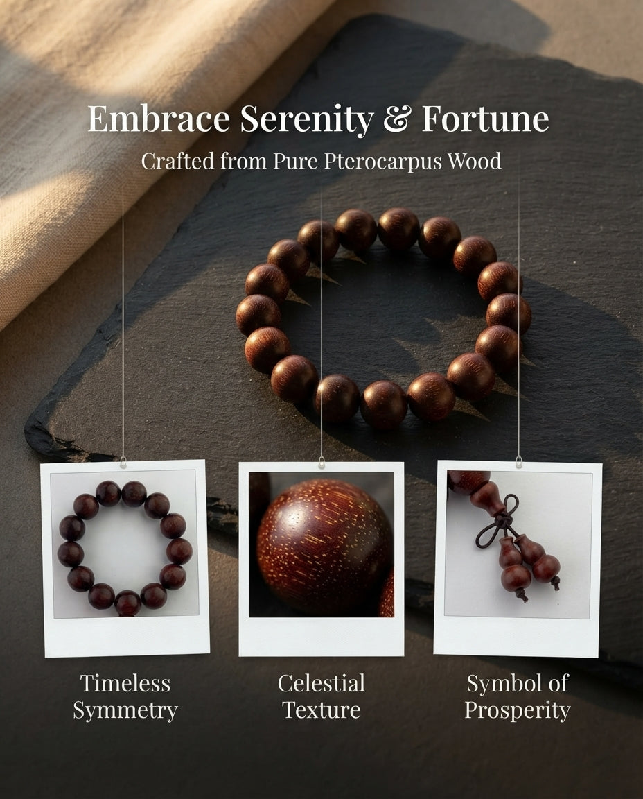 Red Sandalwood Golden Star Gourd Bracelet – Natural Wood Bead Bracelet for Prosperity, Harmony & Positive Energy