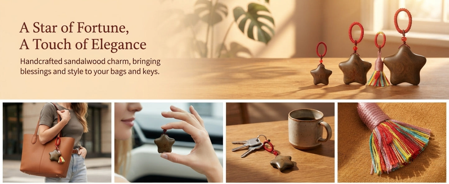 Natural Sandalwood Star Charm Keychain – Chinese Blessing Accessory for Success, Good Fortune & Positive Energy