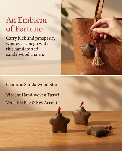 Natural Sandalwood Star Charm Keychain – Chinese Blessing Accessory for Success, Good Fortune & Positive Energy