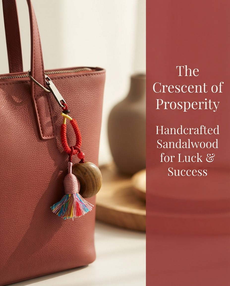 Natural Sandalwood Crescent Moon & Gold Ingot Pendant – Traditional Chinese Prosperity Charm for Abundance, Success & Positive Energy