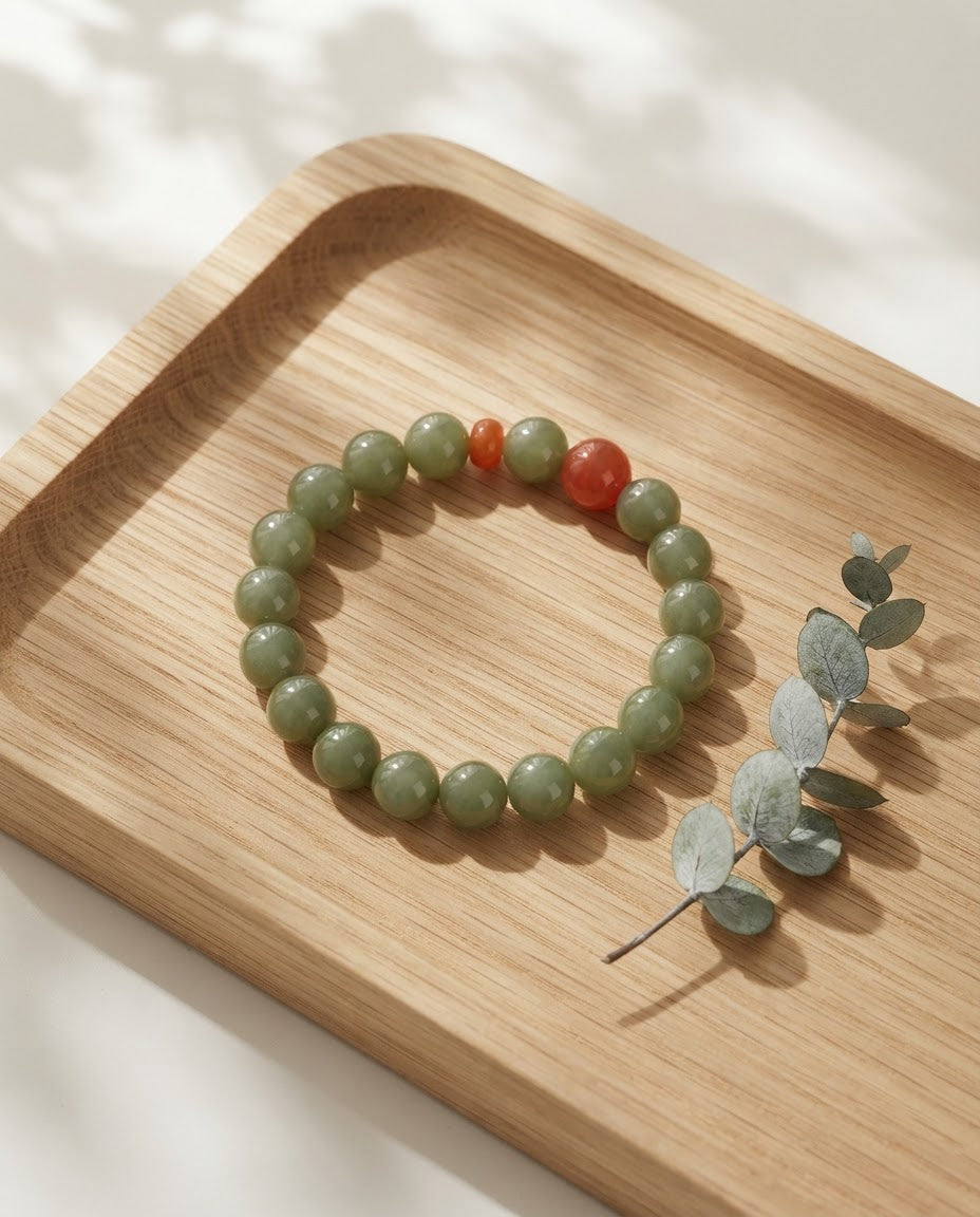 Natural Hetian Jade & South Red Agate Bracelet – Calm Energy, Harmony & Prosperity Lucky Beaded Bracelet