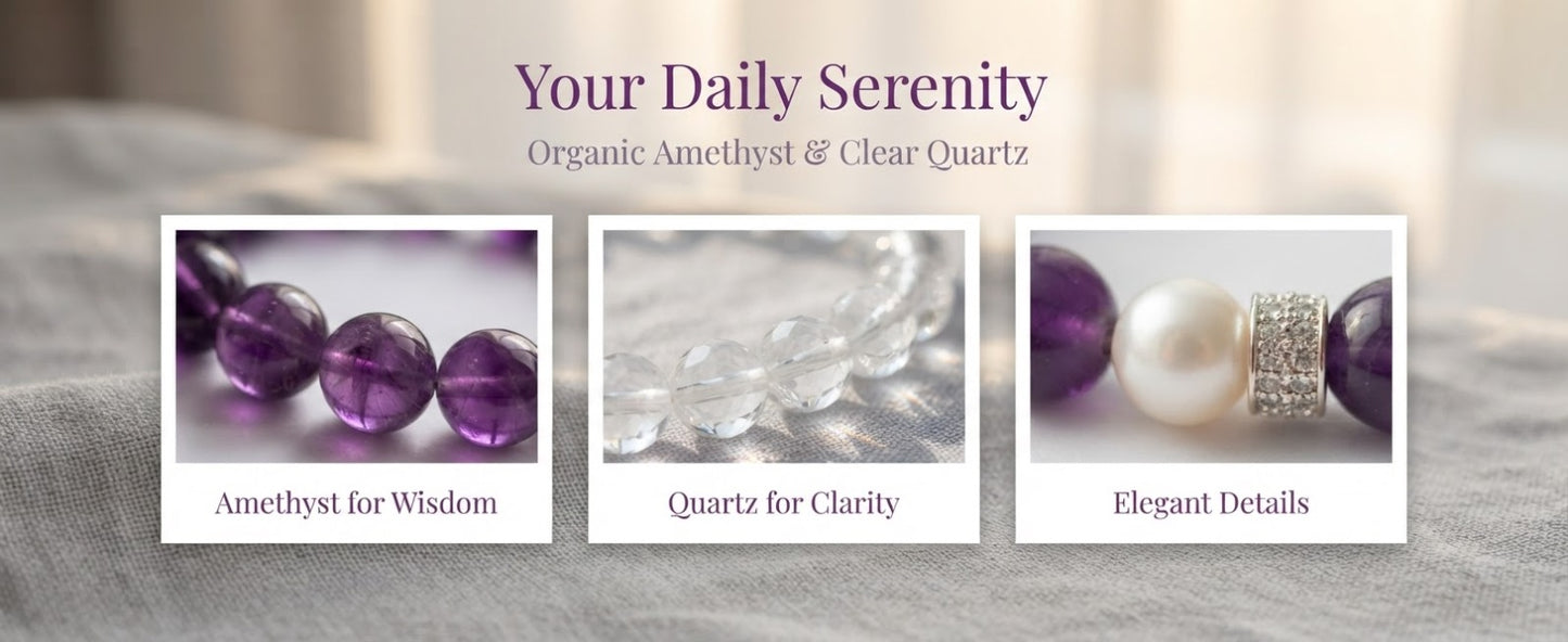 Amethyst & Clear Quartz Bracelet – Natural Crystal Bracelet for Calm Energy, Wisdom & Positive Prosperity