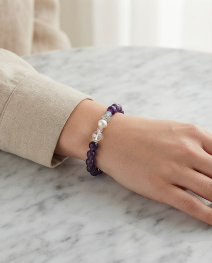 Amethyst & Clear Quartz Bracelet – Natural Crystal Bracelet for Calm Energy, Wisdom & Positive Prosperity