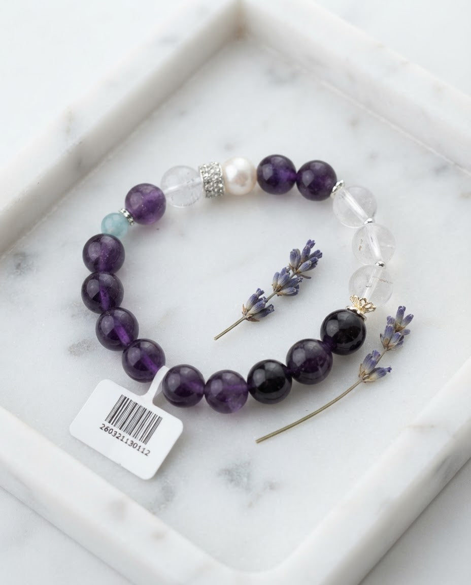 Amethyst & Clear Quartz Bracelet – Natural Crystal Bracelet for Calm Energy, Wisdom & Positive Prosperity