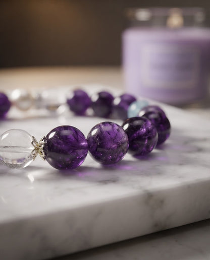 Amethyst & Clear Quartz Bracelet – Natural Crystal Bracelet for Calm Energy, Wisdom & Positive Prosperity