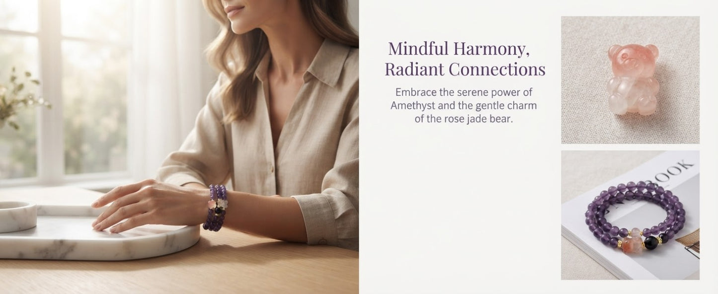 Amethyst & Rose Quartz Bear Bracelet – Double Strand Crystal Bracelet for Calm Energy, Wisdom & Positive Connections