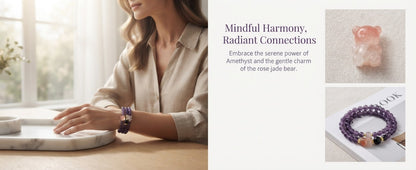 Amethyst & Rose Quartz Bear Bracelet – Double Strand Crystal Bracelet for Calm Energy, Wisdom & Positive Connections