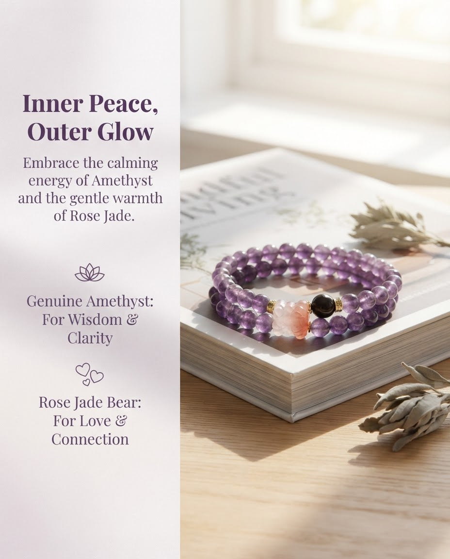 Amethyst & Rose Quartz Bear Bracelet – Double Strand Crystal Bracelet for Calm Energy, Wisdom & Positive Connections