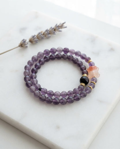 Amethyst & Rose Quartz Bear Bracelet – Double Strand Crystal Bracelet for Calm Energy, Wisdom & Positive Connections