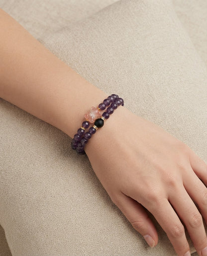 Amethyst & Rose Quartz Bear Bracelet – Double Strand Crystal Bracelet for Calm Energy, Wisdom & Positive Connections