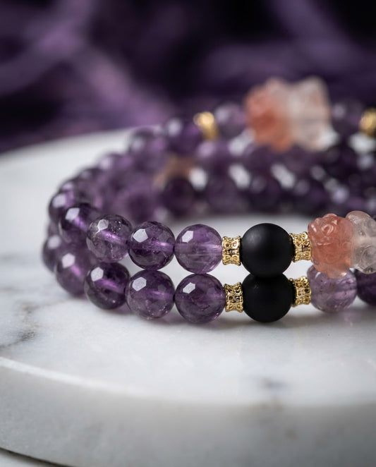 Amethyst & Rose Quartz Bear Bracelet – Double Strand Crystal Bracelet for Calm Energy, Wisdom & Positive Connections