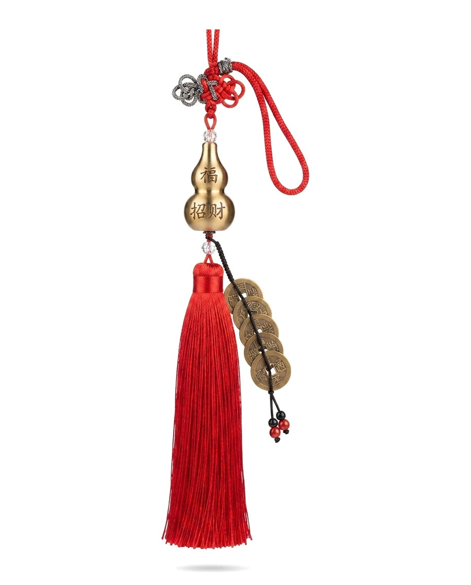 Chinese Taoist Feng Shui Titanium Straight Gourd Five Emperor Coins Chinese Knot Charm – Protection, Wealth Luck, Energy Balance & Good Fortune Amulet