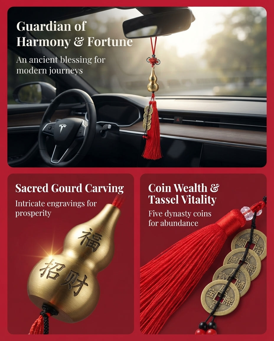 Chinese Taoist Feng Shui Titanium Straight Gourd Five Emperor Coins Chinese Knot Charm – Protection, Wealth Luck, Energy Balance & Good Fortune Amulet