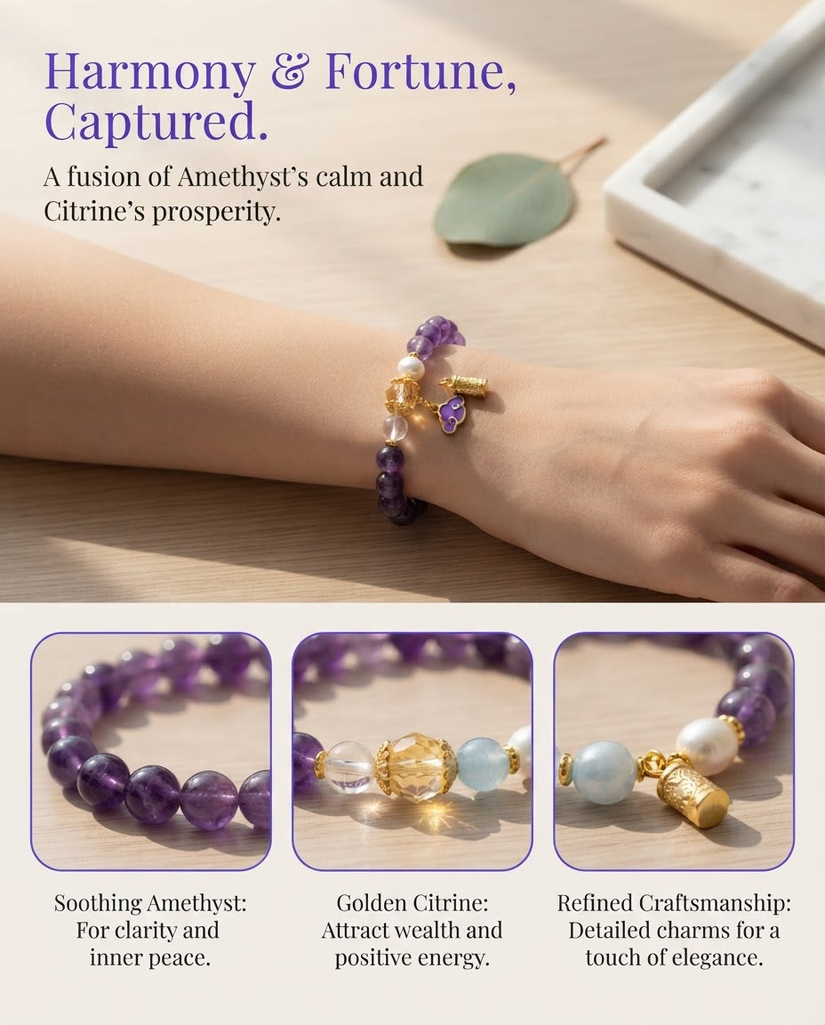 Amethyst & Golden Crystal Bracelet – Feng Shui Inspired Crystal Bracelet for Calm Energy, Wisdom & Prosperity