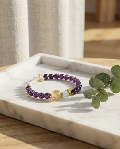 Amethyst & Golden Crystal Bracelet – Feng Shui Inspired Crystal Bracelet for Calm Energy, Wisdom & Prosperity