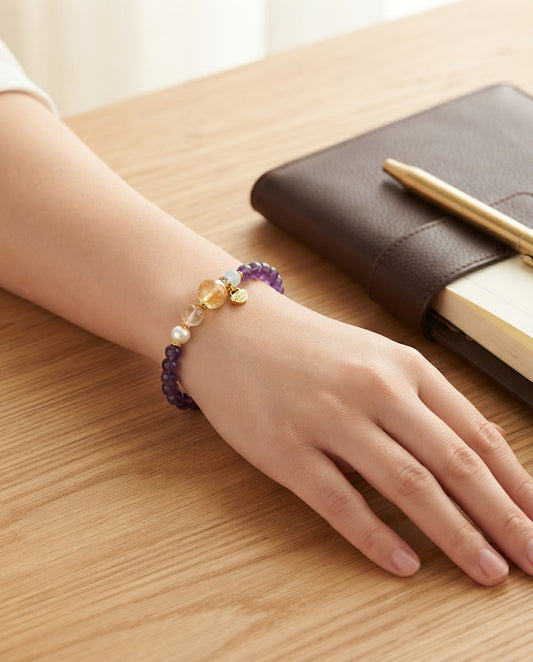 Amethyst & Golden Crystal Bracelet – Feng Shui Inspired Crystal Bracelet for Calm Energy, Wisdom & Prosperity