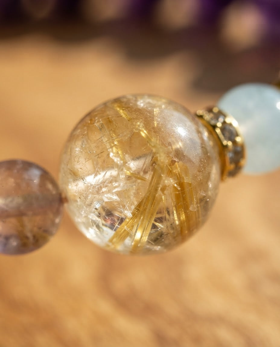 Amethyst & Golden Crystal Bracelet – Feng Shui Inspired Crystal Bracelet for Calm Energy, Wisdom & Prosperity